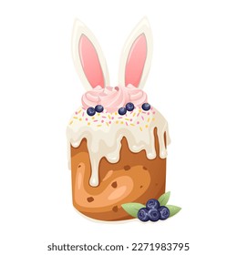 Easter cake decorated with rabbit ears and marshmallow isolated on white background. Traditional Easter baking.