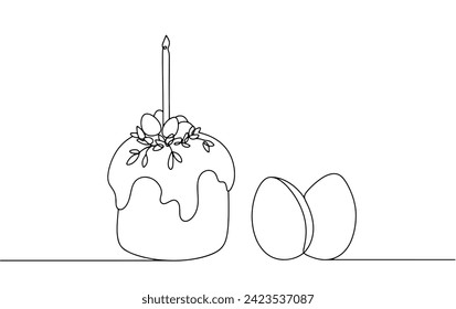 Easter cake with decorations and a burning church candle. There are two Easter eggs nearby. Bright religious holiday. Vector. Images produced without the use of any form of AI software at any stage. 