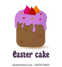Easter cake design on a white background. Colorful Easter cake with purple glaze, decorated with small caramels and cream in cartoon style