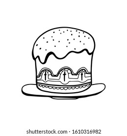 Easter cake in doodle style isolated in white background. Hand drawn Happy Easter symbol. Paschal cake with candle on plate. Vector ink sketch illustration. Holiday sweet food. Line art coloring book.
