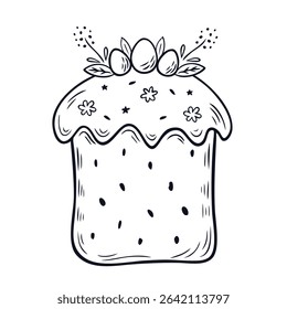 Easter cake in doodle style isolated on white. Easter cake with icing and sprinkles. Element for poster, postcard, cover, advertising design. Vector illustration