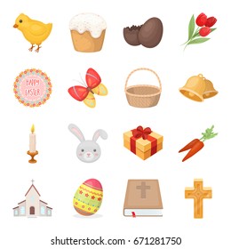 Easter cake, egg, chicken, rabbit, butterfly and other attributes. Easter set collection icons in cartoon style vector symbol stock illustration web.