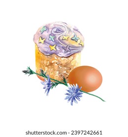 Easter cake, egg and chicory branch. Vector illustration in watercolor style. Design element for greeting cards, invitations, holiday banners, covers.
