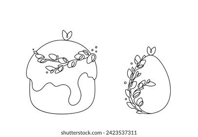 Easter cake and Easter egg decorated with a willow branch. Holiday illustration. Easter traditions. Images produced without the use of any form of AI software at any stage. 