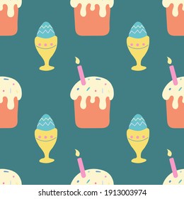 Easter cake and egg on a green background. Vector seamless pattern in flat style.