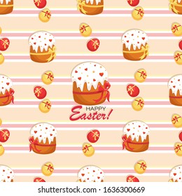 Easter cake, eggs. Easter background, pattern. Multi-colored eggs. Happy Easter. Christ is risen. Vector illustration with colored eggs, bows and ribbons on a striped background.