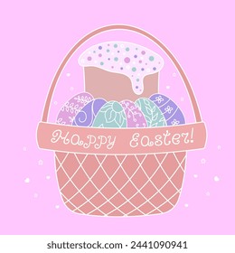 Easter cake with eggs in a basket. Happy Easter. Vector illustration