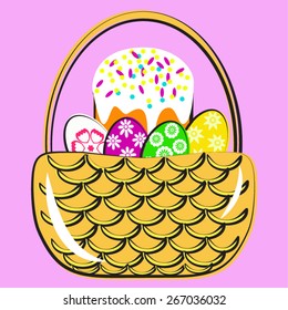 Easter cake and Easter eggs in the basket on pink background in vector format