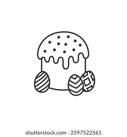 Easter cake with eggs. Black outline illustration of an Easter cake with a candle surrounded by decorated eggs. Suitable for children's coloring pages, festive stickers, spring holiday crafts, and seasonal graphic design. 