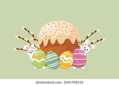 Pastel de Pascua con huevos de Pascua y conejitos. Gráficos vectoriales