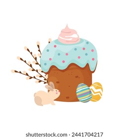 Easter cake, Easter eggs and bunny and flowers. Vector Graphics
