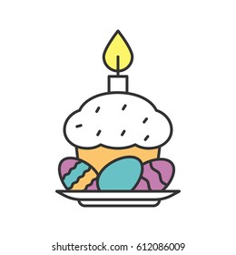 Easter cake, eggs and candle color icon. Isolated vector illustration