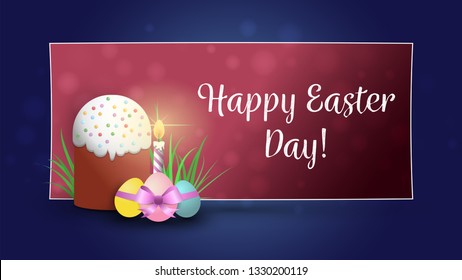 Easter cake, Easter eggs and candle. Vector Easter greeting banner.