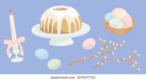 Easter cake, Easter eggs, candle, willow  branches, elements for creating  easter  greeting cards, posters and backgrounds