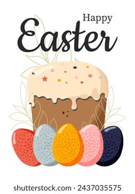 Easter cake and eggs for the celebration of Easter on a white vertical background. Vector.