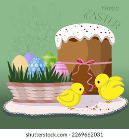 Easter cake, eggs, chickehs and spring grass, green background. Vector illustration