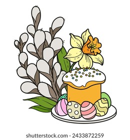 Easter cake and eggs decorated willow twigs color variation isolated on white background. Image produced without the use of any form of AI software at any stage