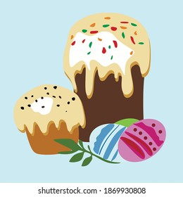 Pastel de Pascua y huevos. Pastel de colores festivos con huevos de colores para Pascua sobre un fondo azul. Vector 