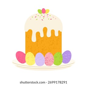 Easter cake and eggs for Happy Easter card, postcard, invitation, poster. Holiday Easter bakery cute sweet bread with icing sweet pastry. Hand drawn vector grainy texture isolated illustration