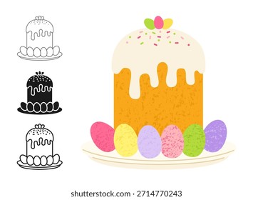 Pastel de Pascua y huevos para el sistema de dibujos animados del símbolo de Pascua Feliz. Festiva Pan dulce lindo de la panadería de Pascua con el icono linear del doodle de la pastelería dulce glaseada. Dibujado a mano textura granulada de Vector ilustración aislada