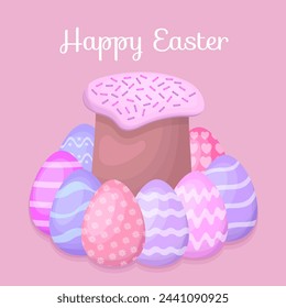 Easter cake with eggs. Happy Easter. Vector illustration.