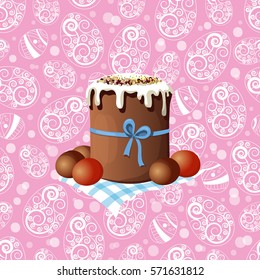 Easter cake and eggs - holiday vector background.