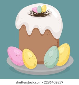 Easter cake with eggs isolated on blue background. Kids illustration.