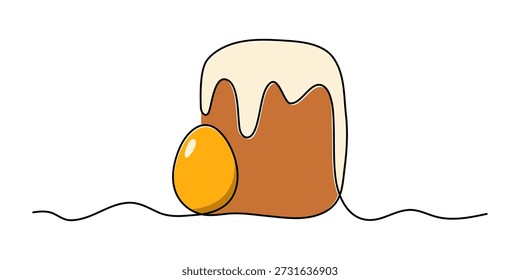 Easter cake and eggs one line art, hand drawn continuous contour. Christian orthodox religion holiday Resurrection of Jesus Christ design, festive decoration. Editable stroke. Isolated. Vector