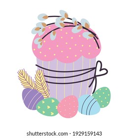 Easter cake, Easter eggs and a sprig of willow