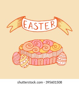 Easter cake and eggs with text