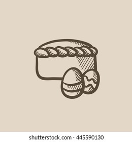 Easter cake with eggs vector sketch icon isolated on background. Hand drawn Easter cake with eggs icon. Easter cake with eggs sketch icon for infographic, website or app.