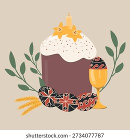 Easter cake and eggs with wheat and leaves. Vector illustration of Easter food social media feed template