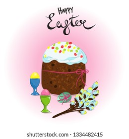 Easter cake with eggs and willow branch with lettering.