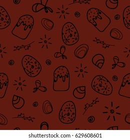 Easter cake, eggs, a willow branch, the sun on an brown background.Easter pattern on the brown background. Seamless pattern.
