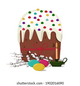 Pastel de Pascua, huevos, ramas de sauce y una vela de iglesia aislada en un fondo blanco.  Ilustración plana vectorial.