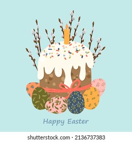 Easter cake, eggs and willow twigs with candle flat cartoon vector illustration. Happy Easter greeting card.