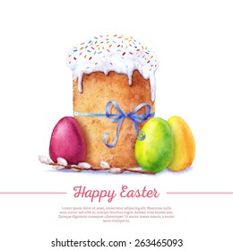 Easter cake, eggs and willow twigs painted watercolor. Vectorized watercolor drawing.