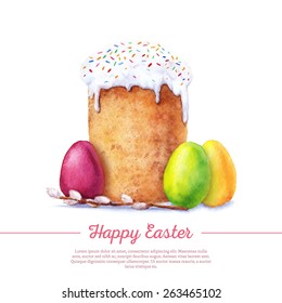 Easter cake, eggs and willow twigs painted watercolor. Vectorized watercolor drawing.