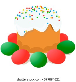 Easter cake, eggs and willow twigs painted watercolor. Vectorized watercolor drawing