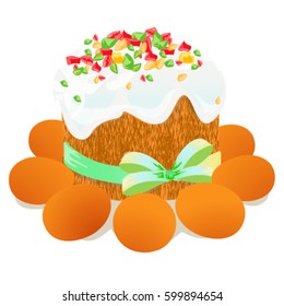 Easter cake, eggs and willow twigs painted watercolor. Vectorized watercolor drawing