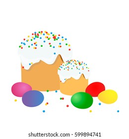Easter cake, eggs and willow twigs painted watercolor. Vectorized watercolor drawing