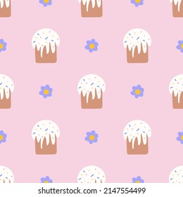 Osterkuchen und florale süße, nahtlose Muster. Frohe Ostern Konzept. Vektorgrafik für Stoffdesign, Geschenkpapier, Babybekleidung, Textilien, Karten.