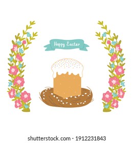 Easter cake, flower frame and willow wreath isolated on white background. Vector Illustration flat style design