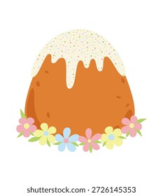 Pastel de Pascua con flores aisladas sobre un fondo blanco, Ilustración vectorial de color, diseño plano. Postre tradicional dulce fresco con glaseado, pasteles decorados, para Pascua, diseño, decoraciones, etiquetas