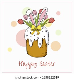 Easter cake with flowers, tulips, bunny ears, bow, confetti. Greeting card with text. Happy Easter.  Hand drawn vector illustration. Perfect for holiday decoration and spring greeting cards