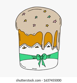 Easter cake with green ribbon and topping on a napkin.Hand drawing.Spring holiday of Easter.Vector illustration