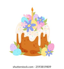 Easter cake. Holiday cake decorated Easter eggs, spring flowers and candle. Christian spring holiday. Flat illustration. 