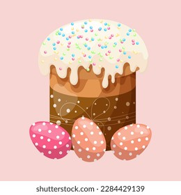Easter cake with icing and colored Easter eggs. Colorful easter illustration, greeting card, vector