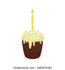 Easter cake with icing, colorful topping, lighted candle. Element for Easter holiday design. Vector isolated on white background illustration.