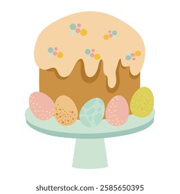 Easter cake with icing and easter eggs on a stand, easter cake vector illustration 